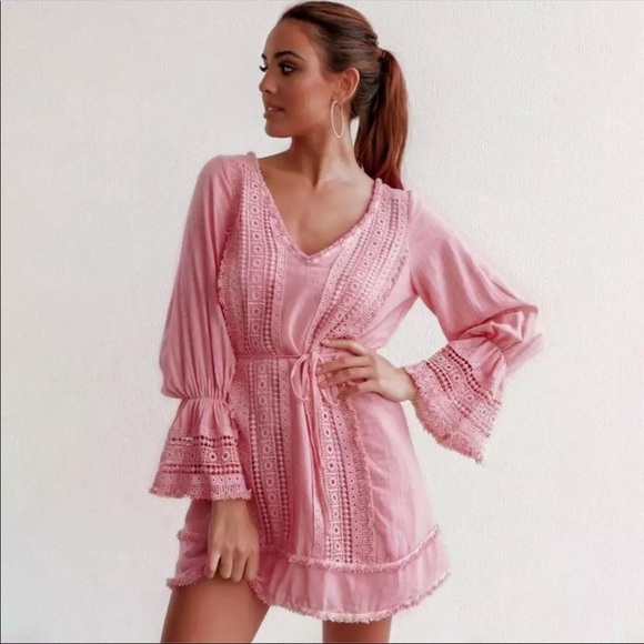 Crochet Fringe Bell Sleeve Boho Gypsy Dress Mint - Picture 11 of 12